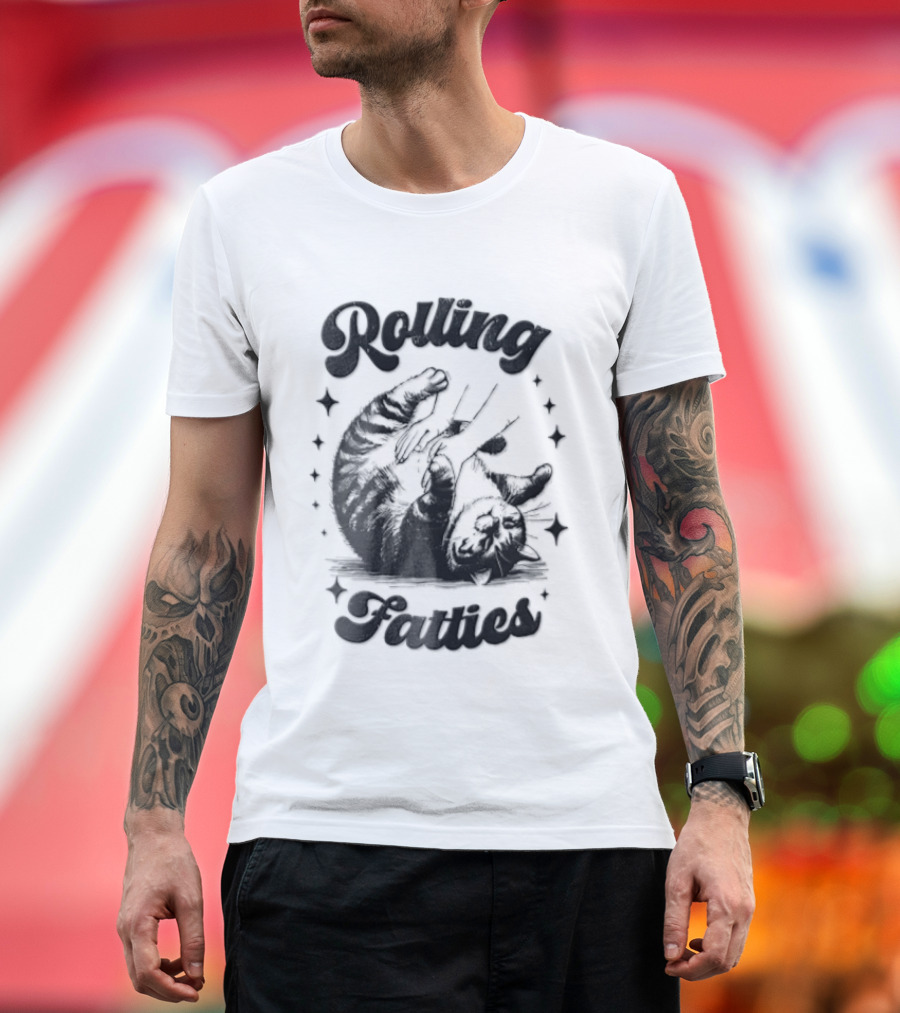 Rolling Fatties Chubby Tabby Cat Belly Rub Stars Line T-Shirt