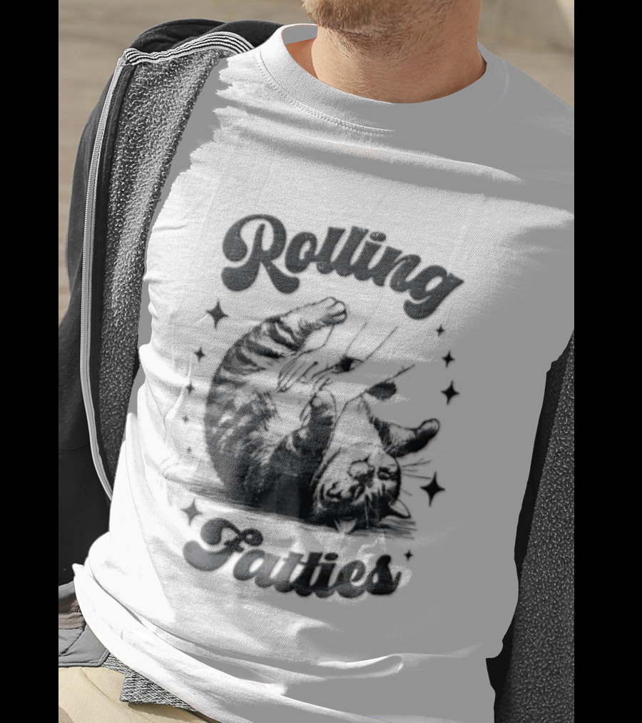 Rolling Fatties Chubby Tabby Cat Belly Rub Stars Line T-Shirt