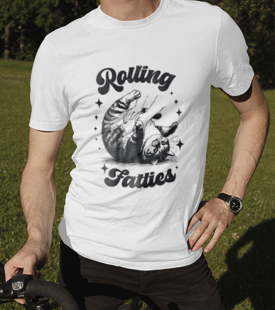 Rolling Fatties Chubby Tabby Cat Belly Rub Stars Line T-Shirt