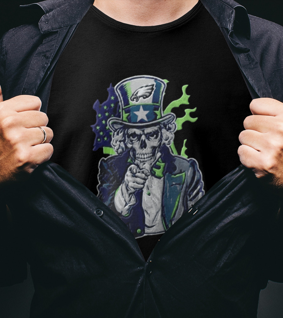 Philadelphia Eagles Uncle Sam Skull With Flag And Stars T-Shirt
