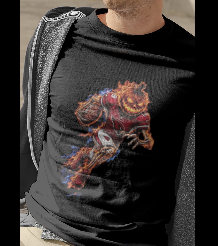 Arizona Cardinals Flaming Pumpkin Head Skeleton Football Player Halloween T-Shirt