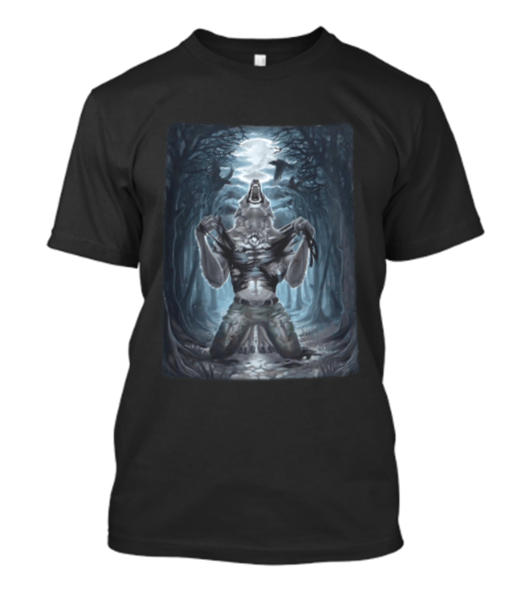 Howling Werewolf Under Full Moon In Dark Forest With Ravens T-Shirt
