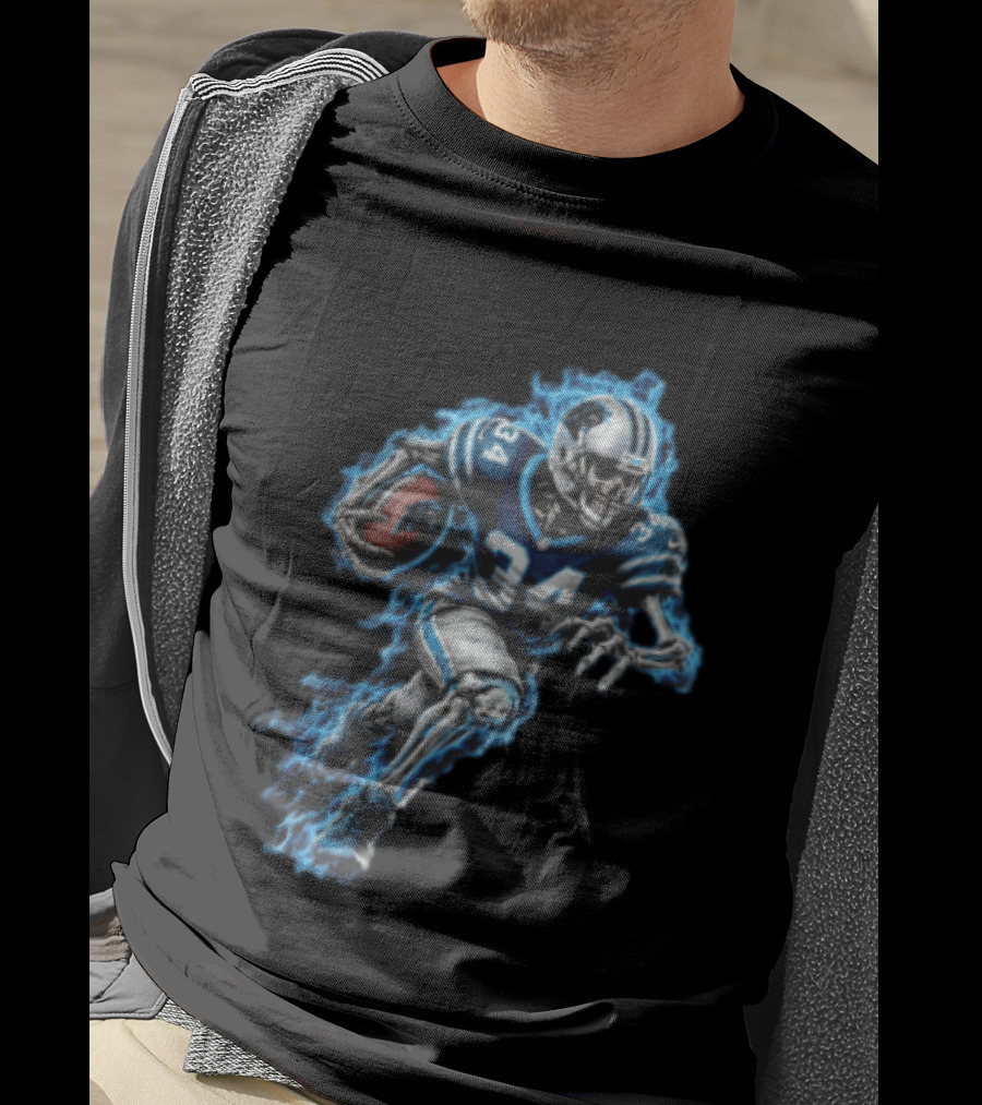 Carolina Panthers Skeleton Running Back 34 Blue Flames Football T-Shirt