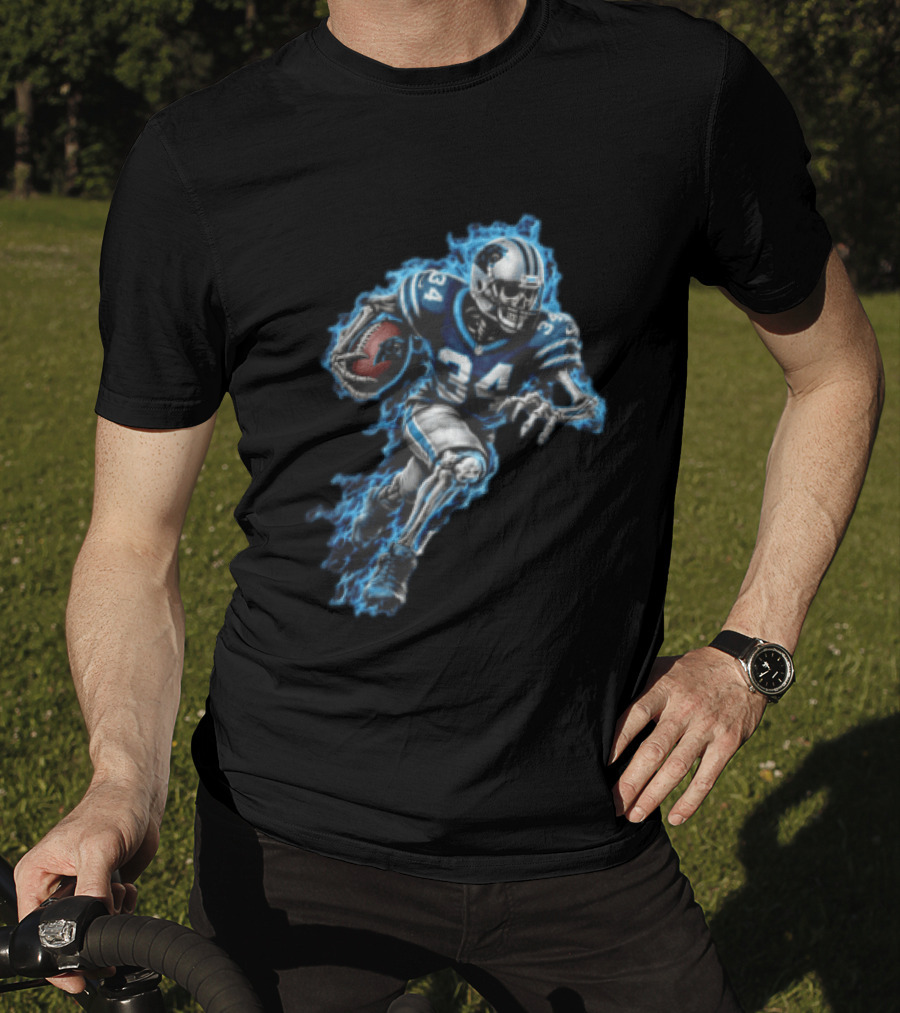 Carolina Panthers Skeleton Running Back 34 Blue Flames Football T-Shirt