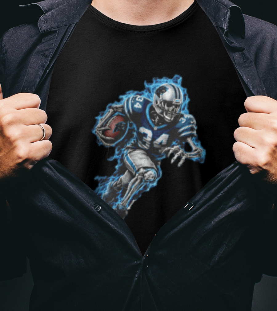 Carolina Panthers Skeleton Running Back 34 Blue Flames Football T-Shirt