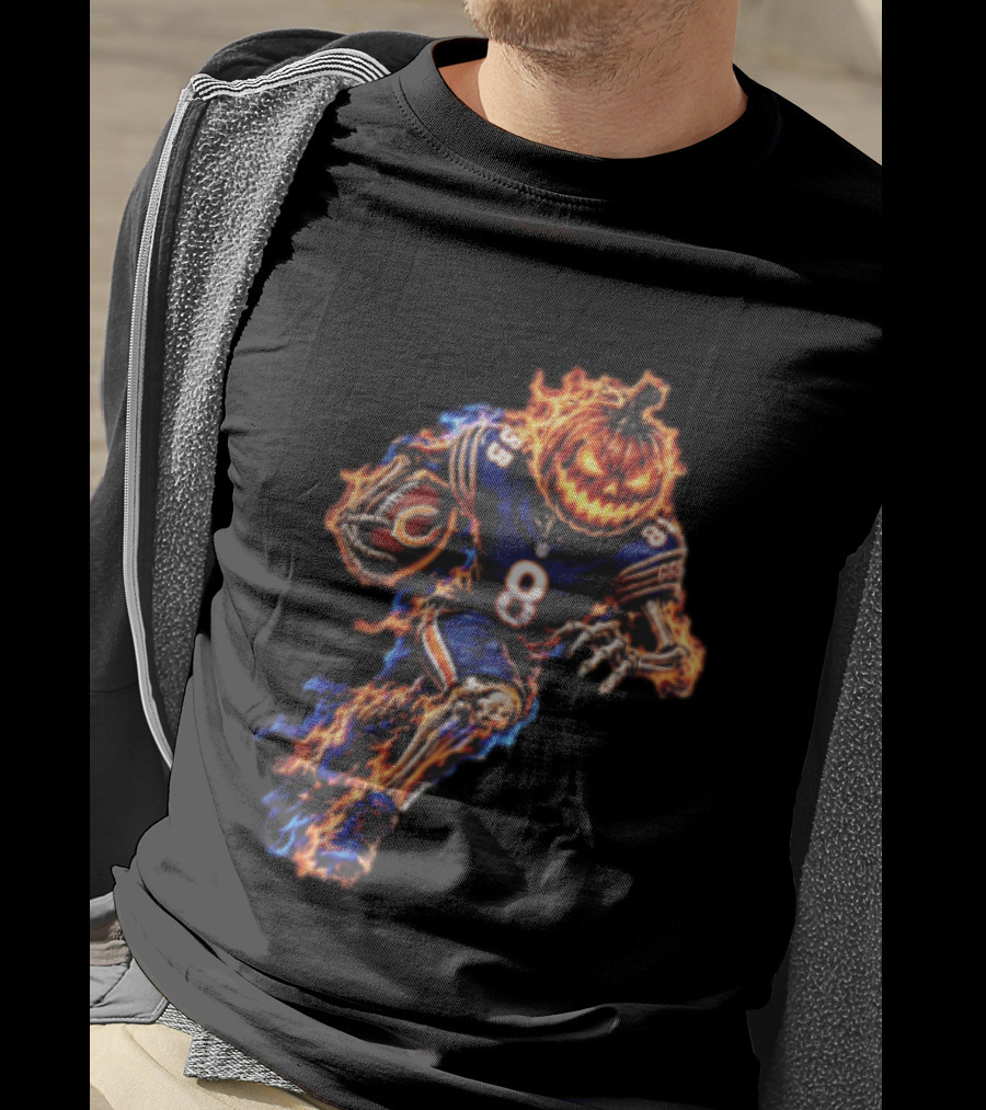 Chicago Bears Flaming Pumpkin Skeleton Football Running Halloween Scary Sports Fan T-Shirt