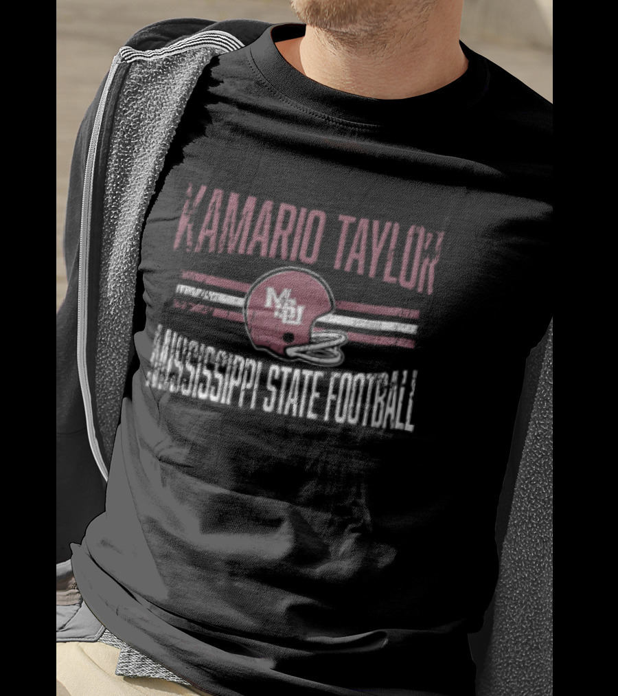 Kamario Taylor Mississippi State Bulldogs NCAA Football Distressed Helmet Horizontal Stripes T-Shirt