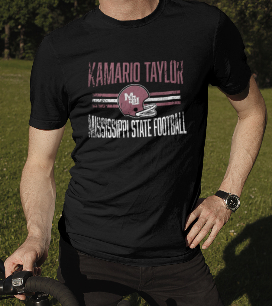 Kamario Taylor Mississippi State Bulldogs NCAA Football Distressed Helmet Horizontal Stripes T-Shirt