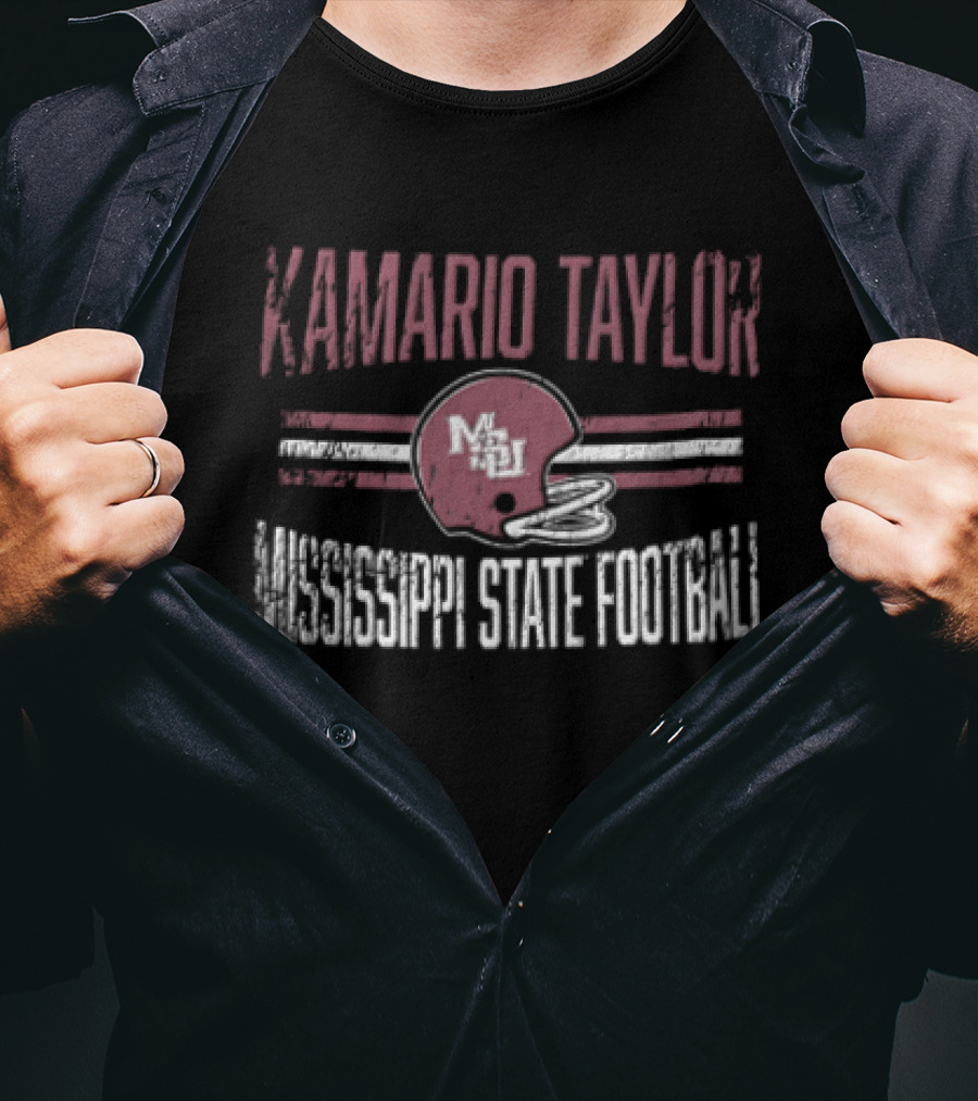 Kamario Taylor Mississippi State Bulldogs NCAA Football Distressed Helmet Horizontal Stripes T-Shirt
