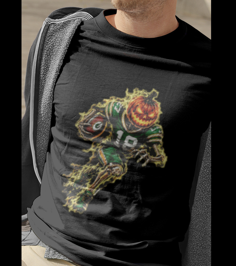 Green Bay Packers Halloween Pumpkin Head Skeleton Football Player Running T-Shirt