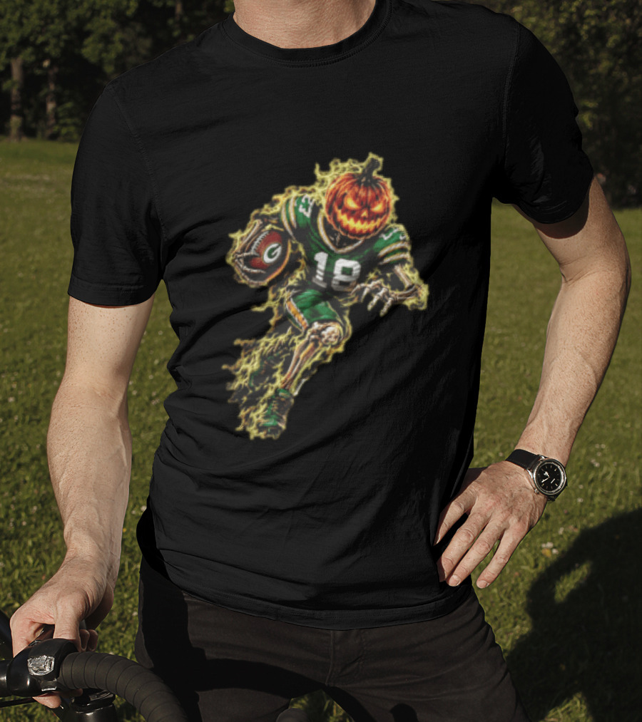Green Bay Packers Halloween Pumpkin Head Skeleton Football Player Running T-Shirt