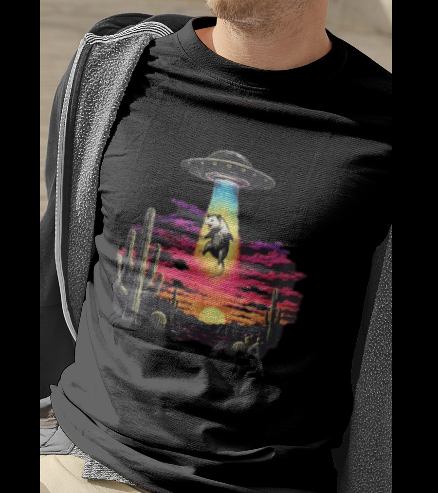 UFO Opossum Abduction In Desert Sunset Scene With Cacti And Colorful Sky T-Shirt