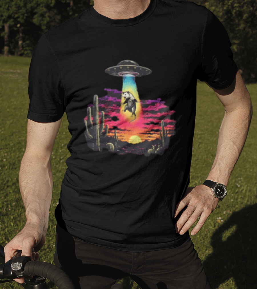 UFO Opossum Abduction In Desert Sunset Scene With Cacti And Colorful Sky T-Shirt