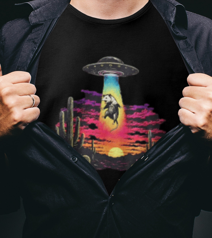 UFO Opossum Abduction In Desert Sunset Scene With Cacti And Colorful Sky T-Shirt
