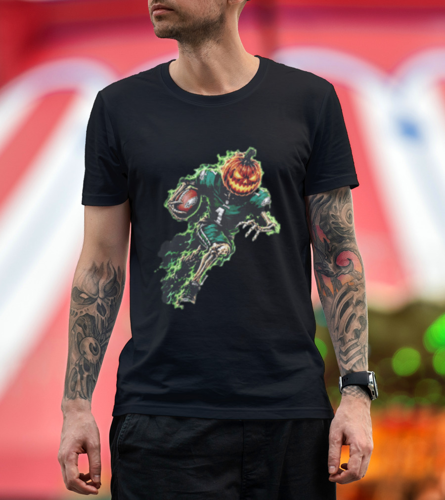 Philadelphia Eagles Pumpkin Head Skeleton Player Green Flames Football T-Shirt