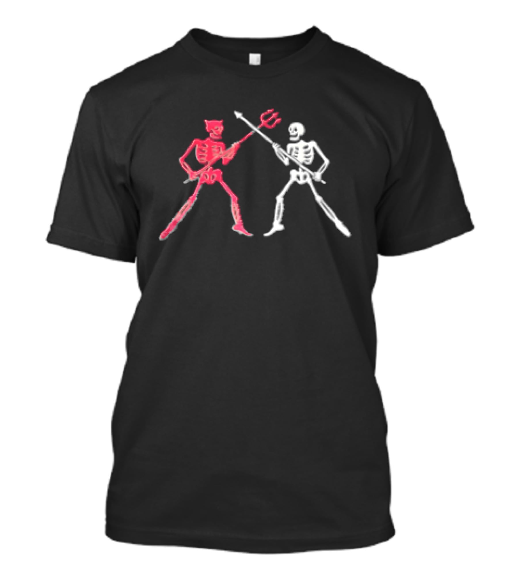 Red Horned Devil And White Skeleton Dueling With Spear And Trident Line T-Shirt