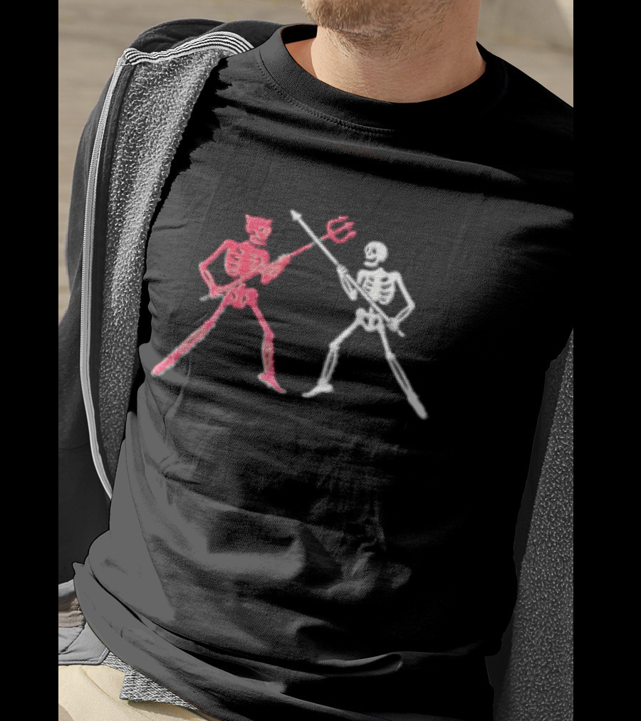 Red Horned Devil And White Skeleton Dueling With Spear And Trident Line T-Shirt