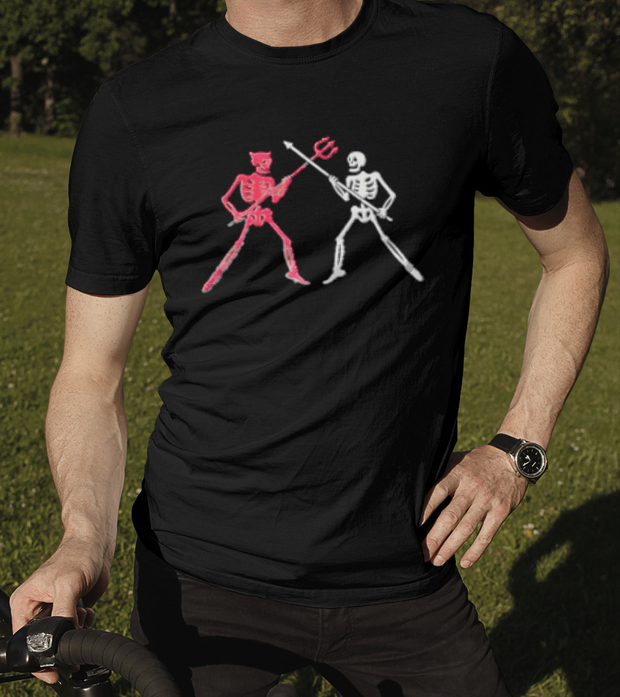 Red Horned Devil And White Skeleton Dueling With Spear And Trident Line T-Shirt
