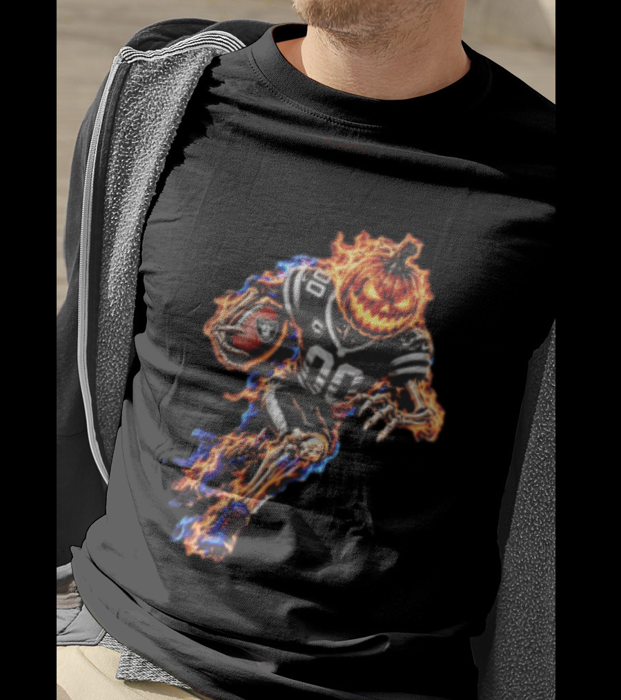 Las Vegas Raiders Flaming Pumpkin Skeleton Football Player Halloween T-Shirt