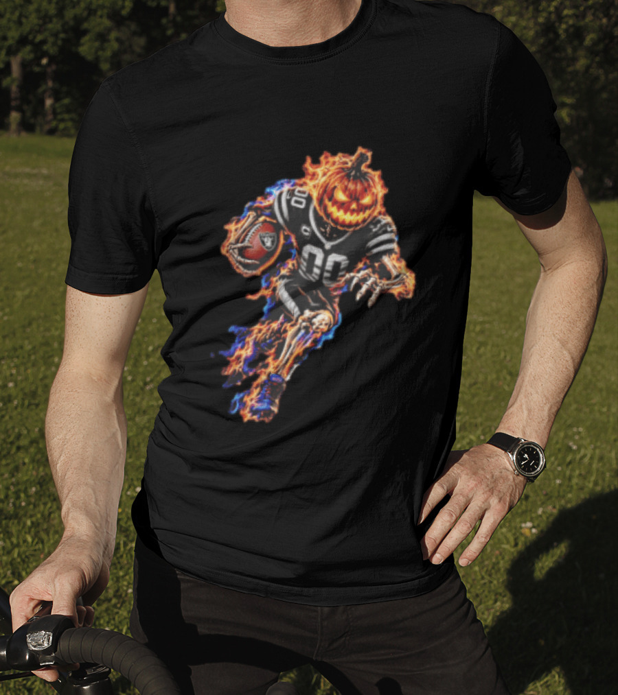 Las Vegas Raiders Flaming Pumpkin Skeleton Football Player Halloween T-Shirt