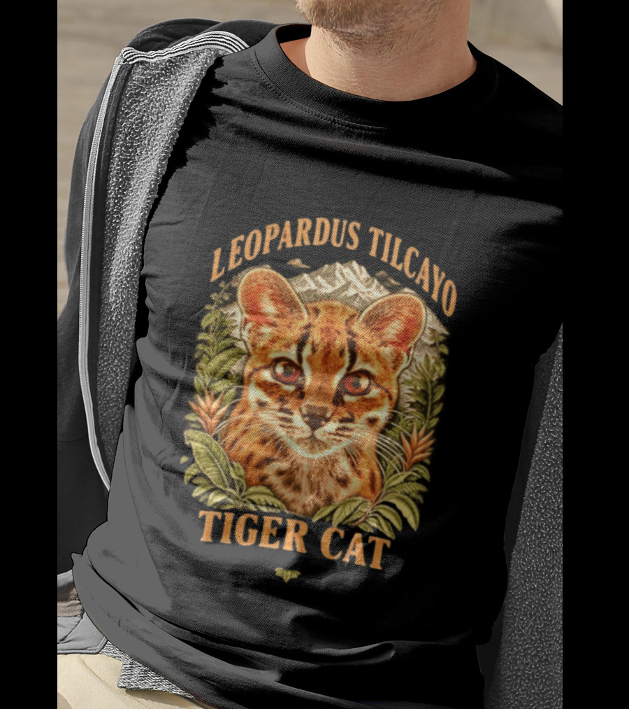 Leopardus Tilcayo Tiger Cat Wildlife Art With Foliage And Mountain T-Shirt