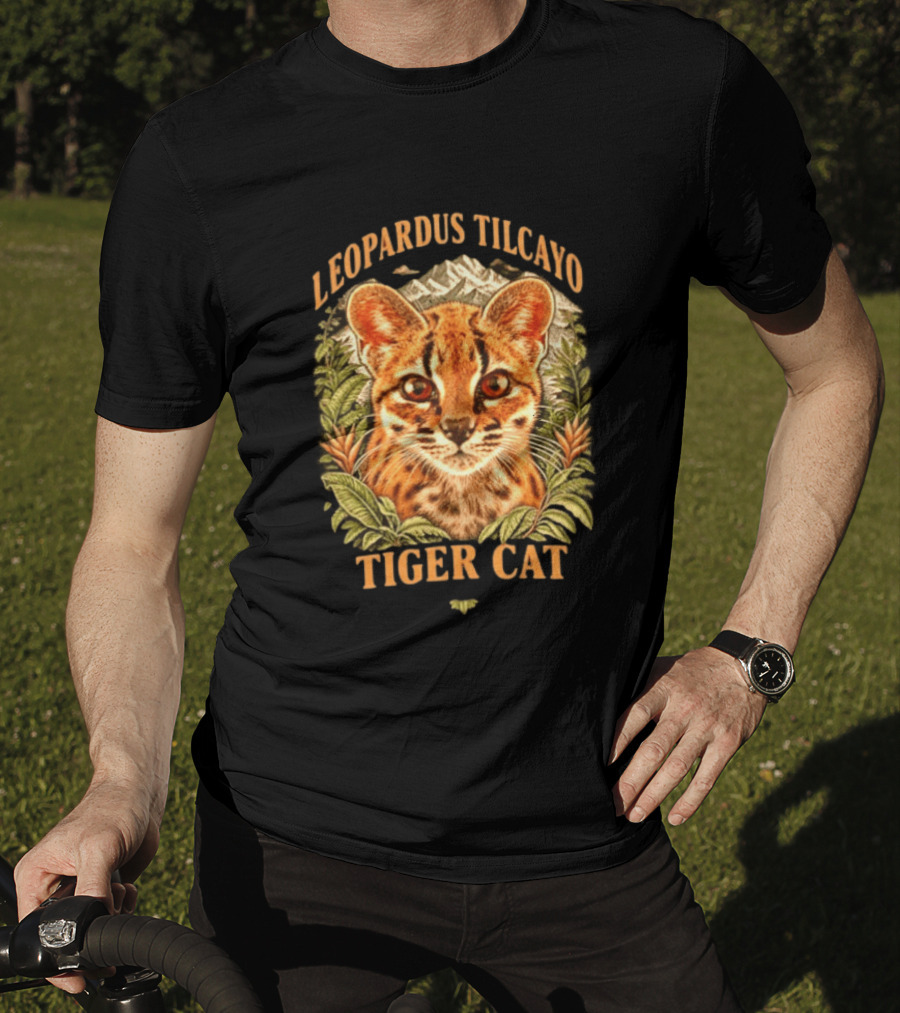 Leopardus Tilcayo Tiger Cat Wildlife Art With Foliage And Mountain T-Shirt