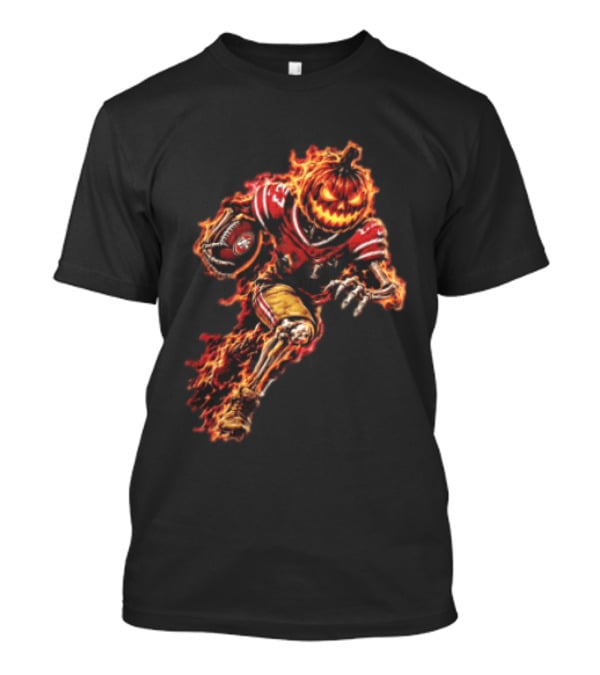 San Francisco 49ers Halloween Fiery Pumpkin Head Skeleton Football Player T-Shirt