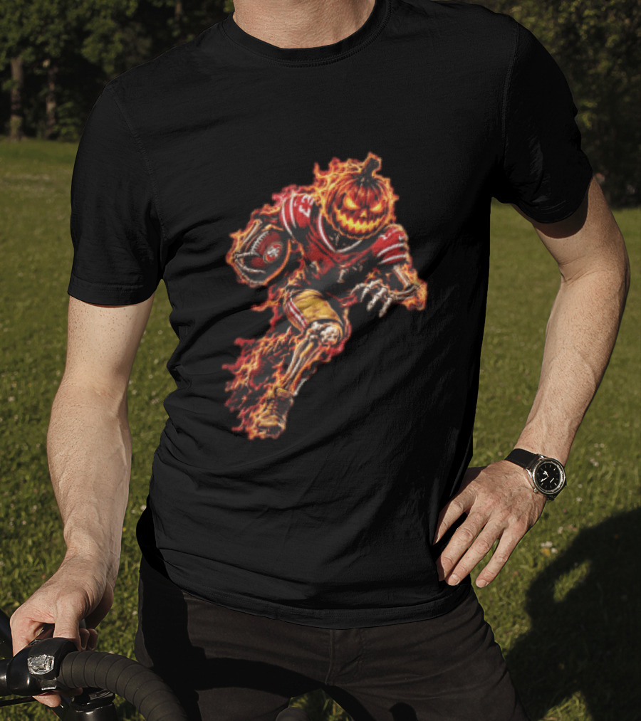 San Francisco 49ers Halloween Fiery Pumpkin Head Skeleton Football Player T-Shirt