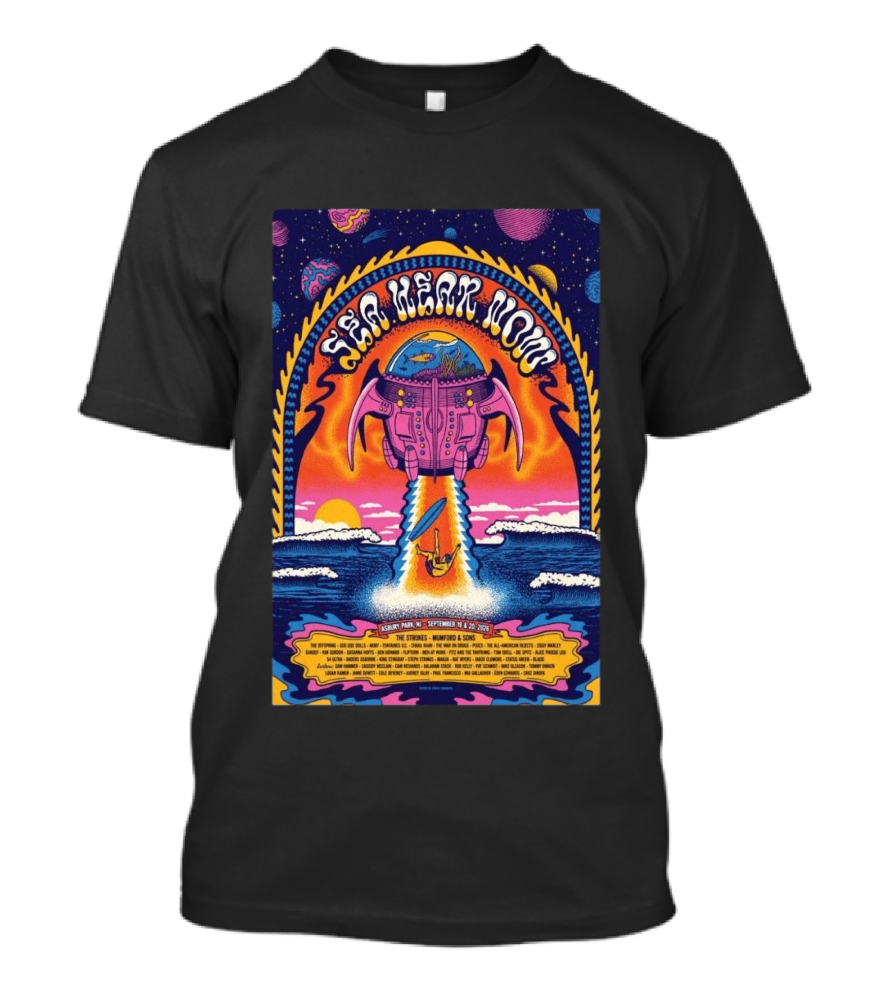 Sea Hear Now Asbury Park September 19 20 2026 The Strokes Mumford & Sons Psychedelic Spaceship Surf T-Shirt
