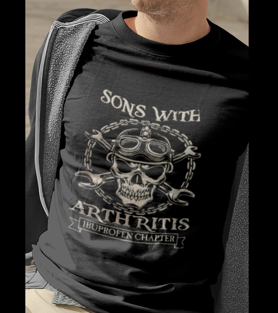 Sons With Arthritis Ibuprofen Chapter Skull Biker Helmet Goggles Wrenches Chain T-Shirt