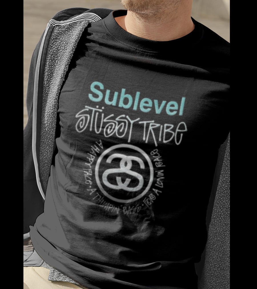 Stussy Sublevel Tribe A Happy Face Thumpin Bass For Lovin Race Interlocking Double S T-Shirt