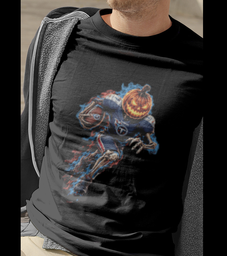 Tennessee Titans Pumpkin Head Skeleton Football Player Blue Flames Halloween NFL T-Shirt