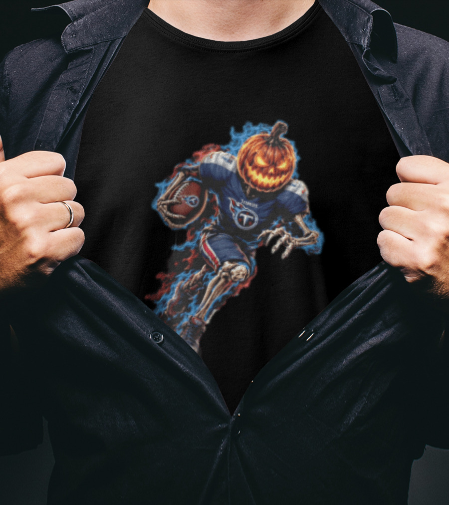 Tennessee Titans Pumpkin Head Skeleton Football Player Blue Flames Halloween NFL T-Shirt