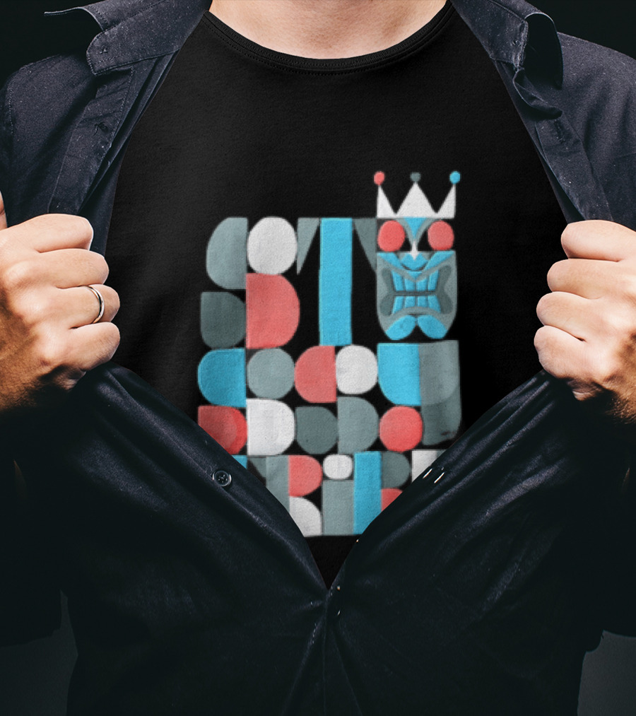 Tribe Crowned Tiki Mask Geometric Color Block T-Shirt