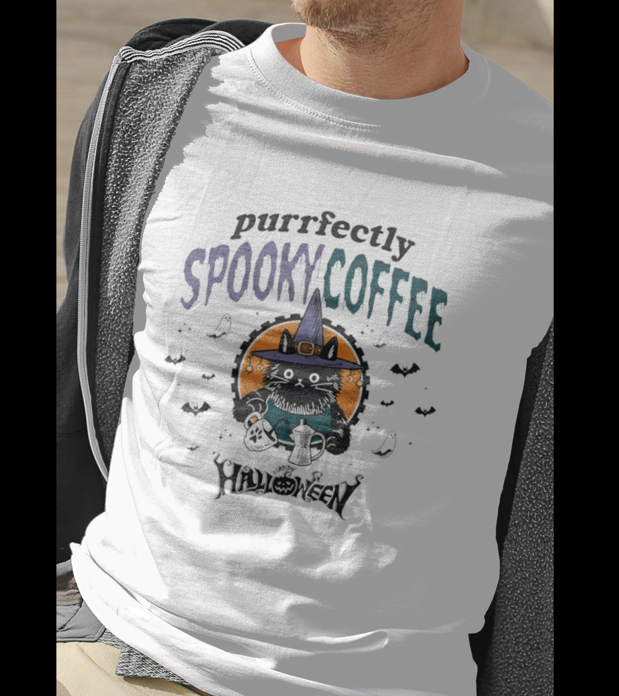 Purrfectly Spooky Coffee Witch Cat Halloween T-Shirt