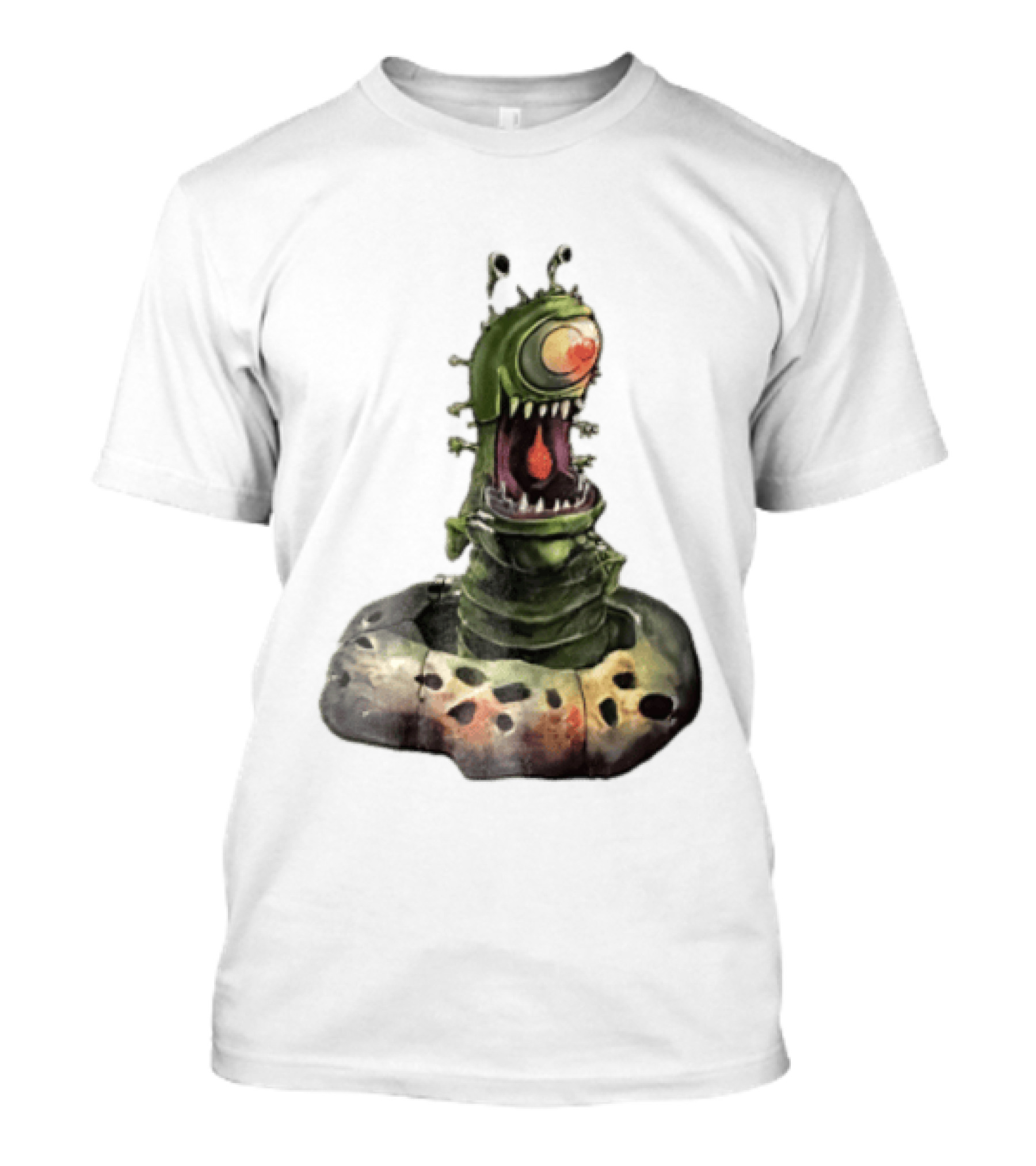 Cartoon Monstrous One Eyed Green Creature Emerging From Ground Hole T-Shirt