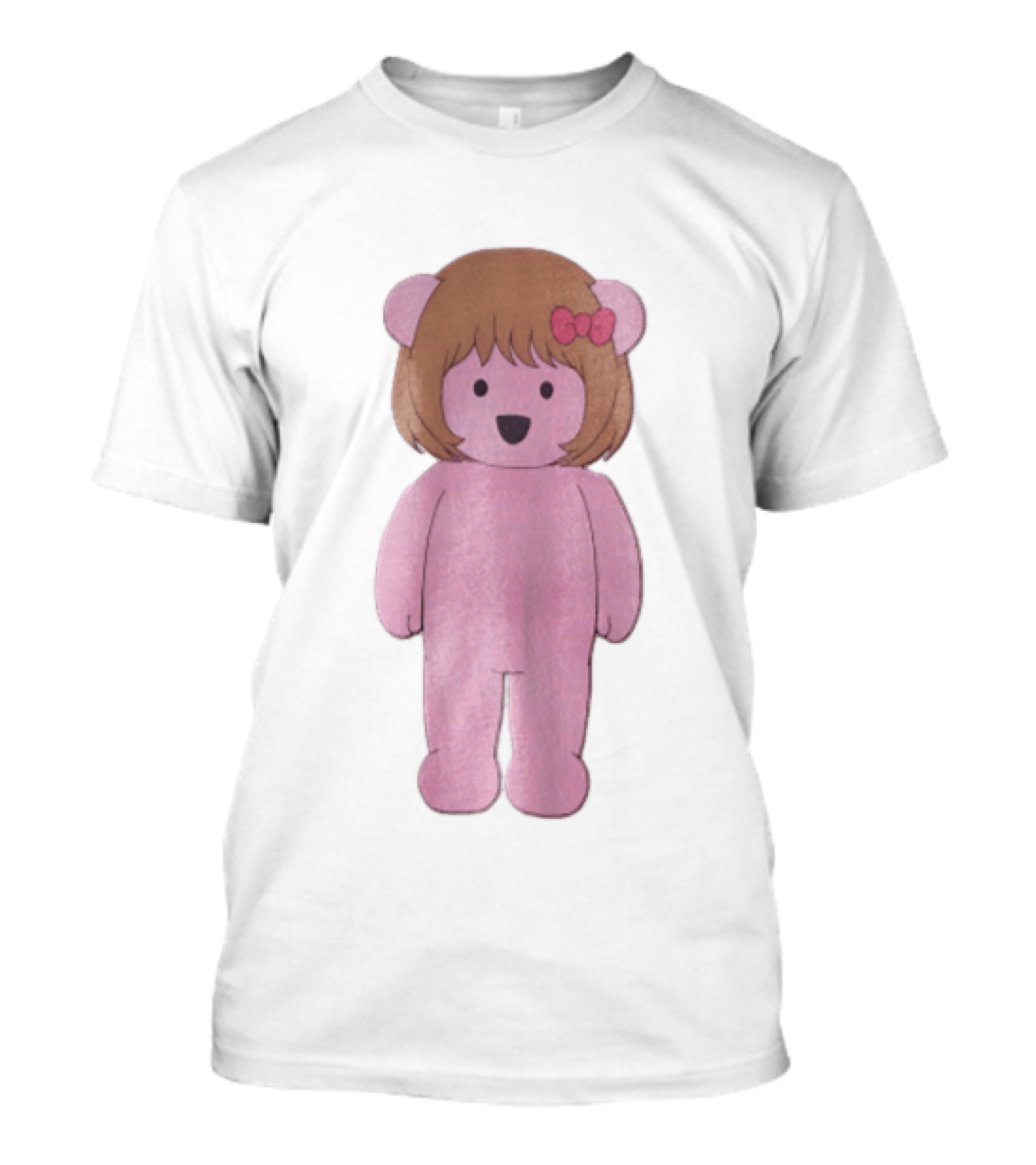 Cartoon Pink Bear With Brown Bob Haircut And Red Ribbon Bow T-Shirt