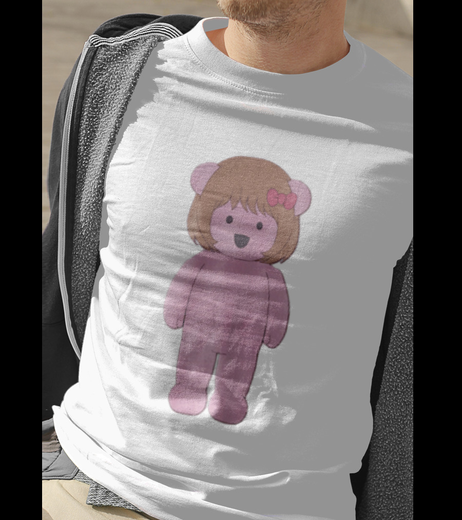 Cartoon Pink Bear With Brown Bob Haircut And Red Ribbon Bow T-Shirt