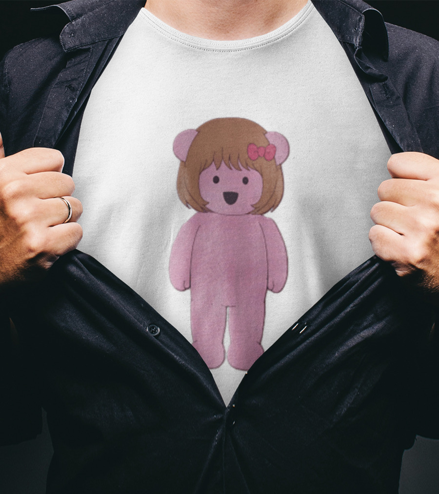 Cartoon Pink Bear With Brown Bob Haircut And Red Ribbon Bow T-Shirt