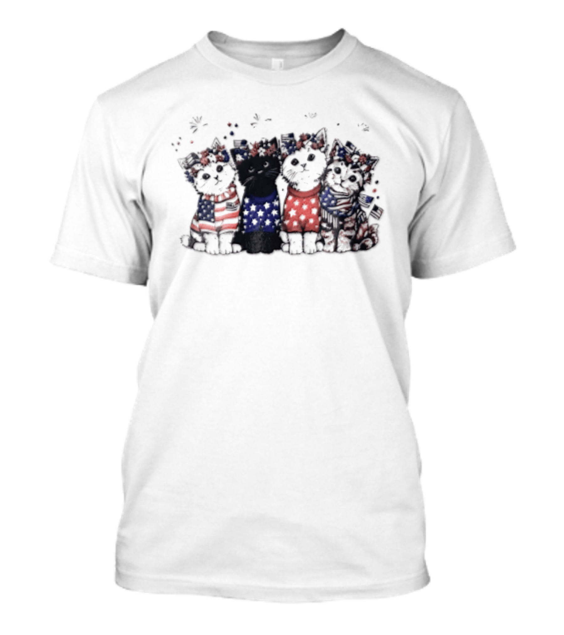 Four Patriotic Watercolor Kittens Fireworks Celebration Red White Blue T-Shirt