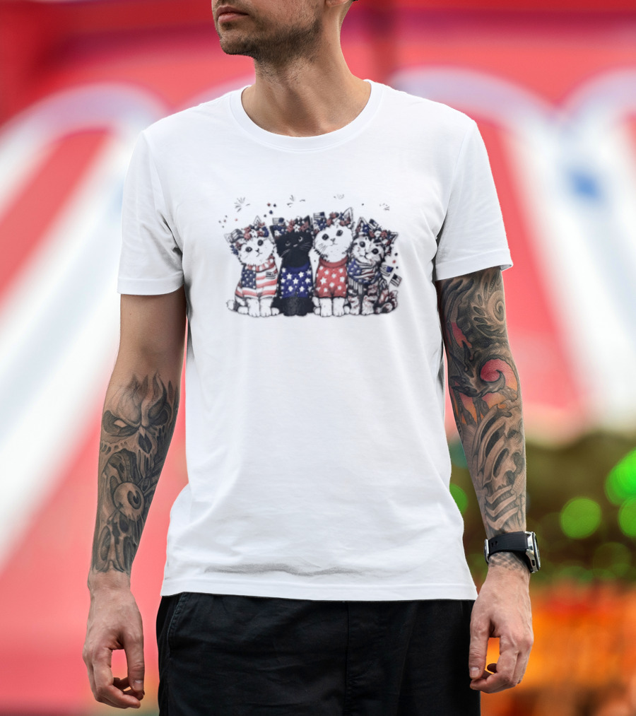 Four Patriotic Watercolor Kittens Fireworks Celebration Red White Blue T-Shirt