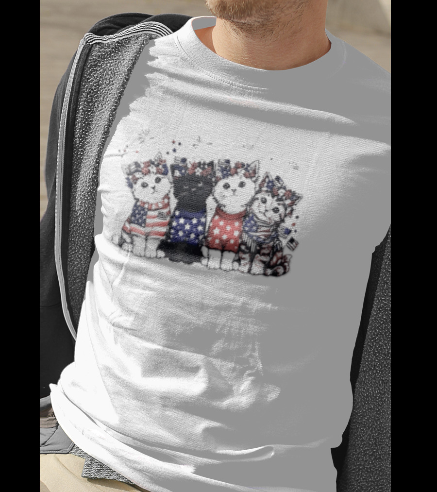 Four Patriotic Watercolor Kittens Fireworks Celebration Red White Blue T-Shirt