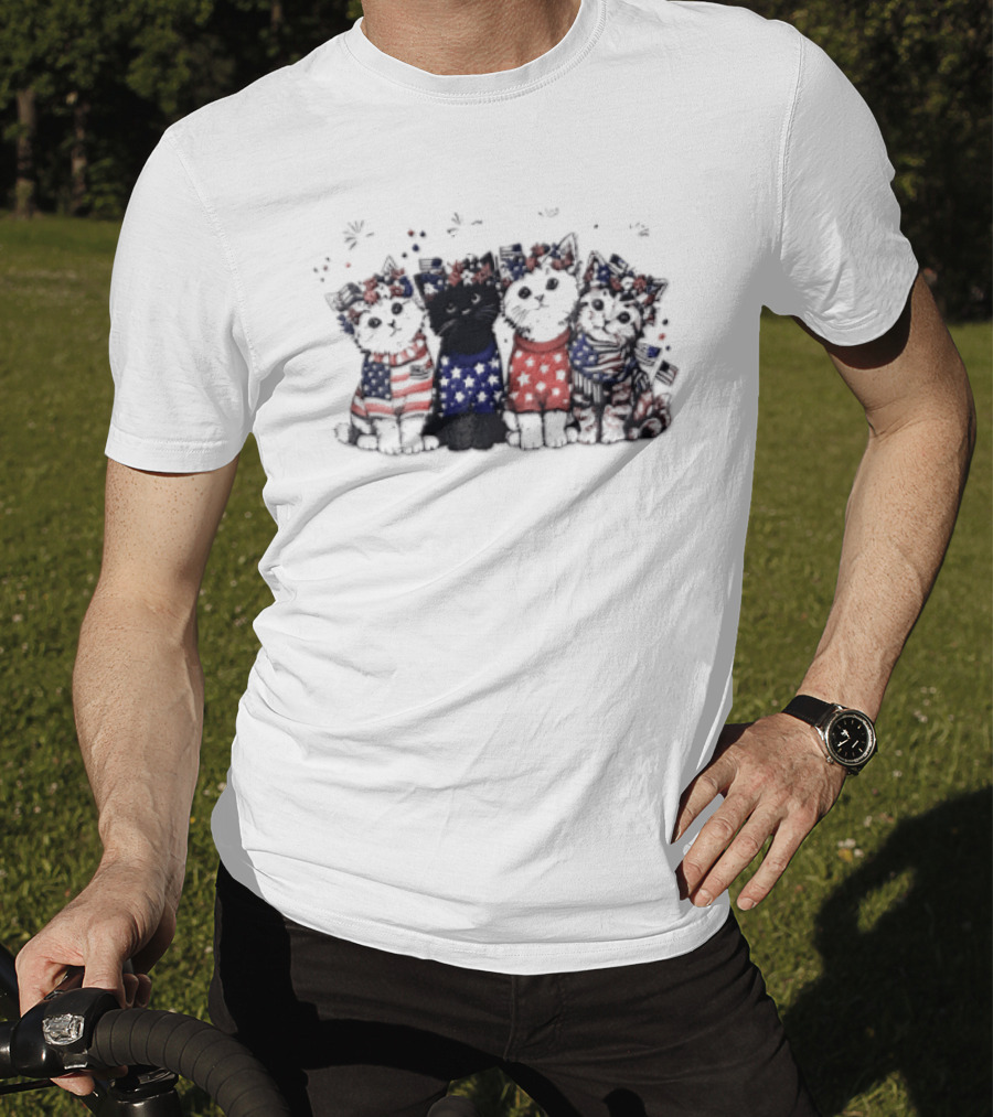 Four Patriotic Watercolor Kittens Fireworks Celebration Red White Blue T-Shirt