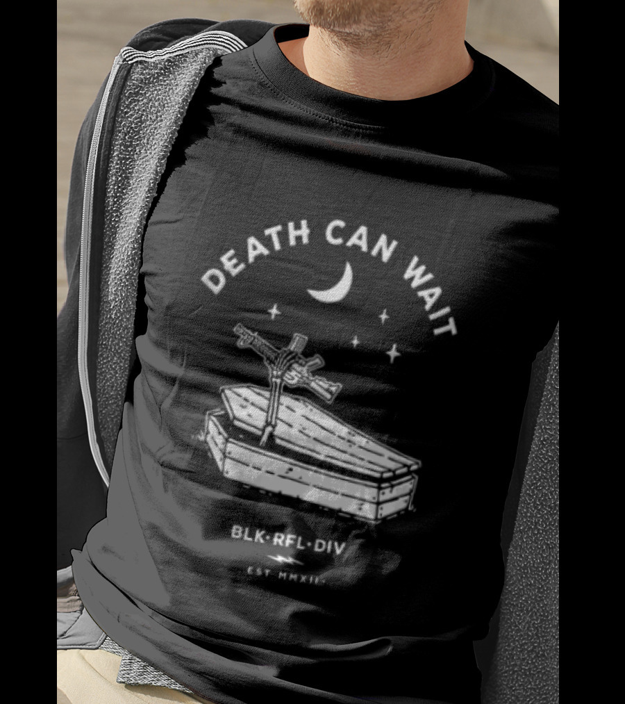 Death Can Wait Coffin Skeleton Hand BLK RFL DIV 2012 Moon Stars T-Shirt