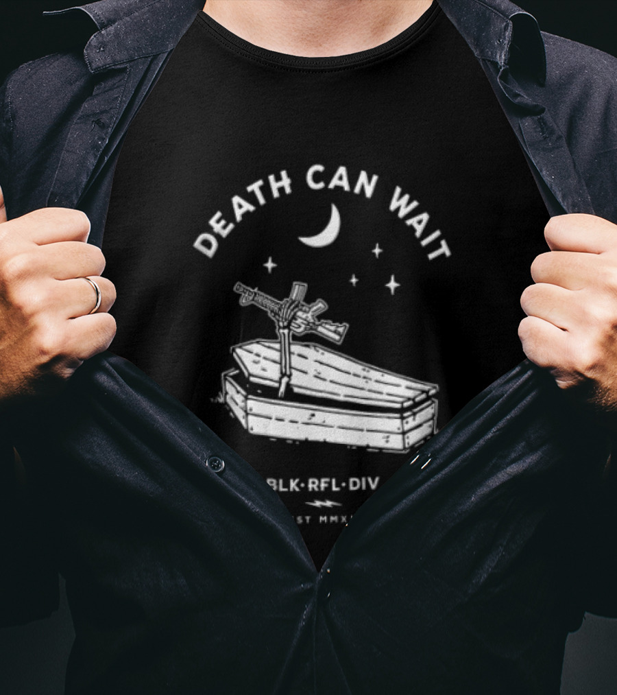 Death Can Wait Coffin Skeleton Hand BLK RFL DIV 2012 Moon Stars T-Shirt