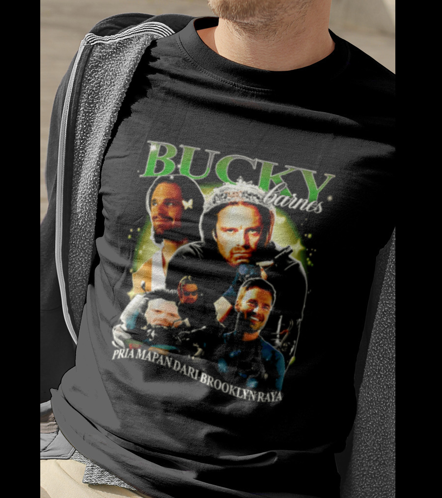 Bucky Barnes Sebastian Stan Pria Mapan Dari Brooklyn Raya Multiple Photos Crown Marvel T-Shirt