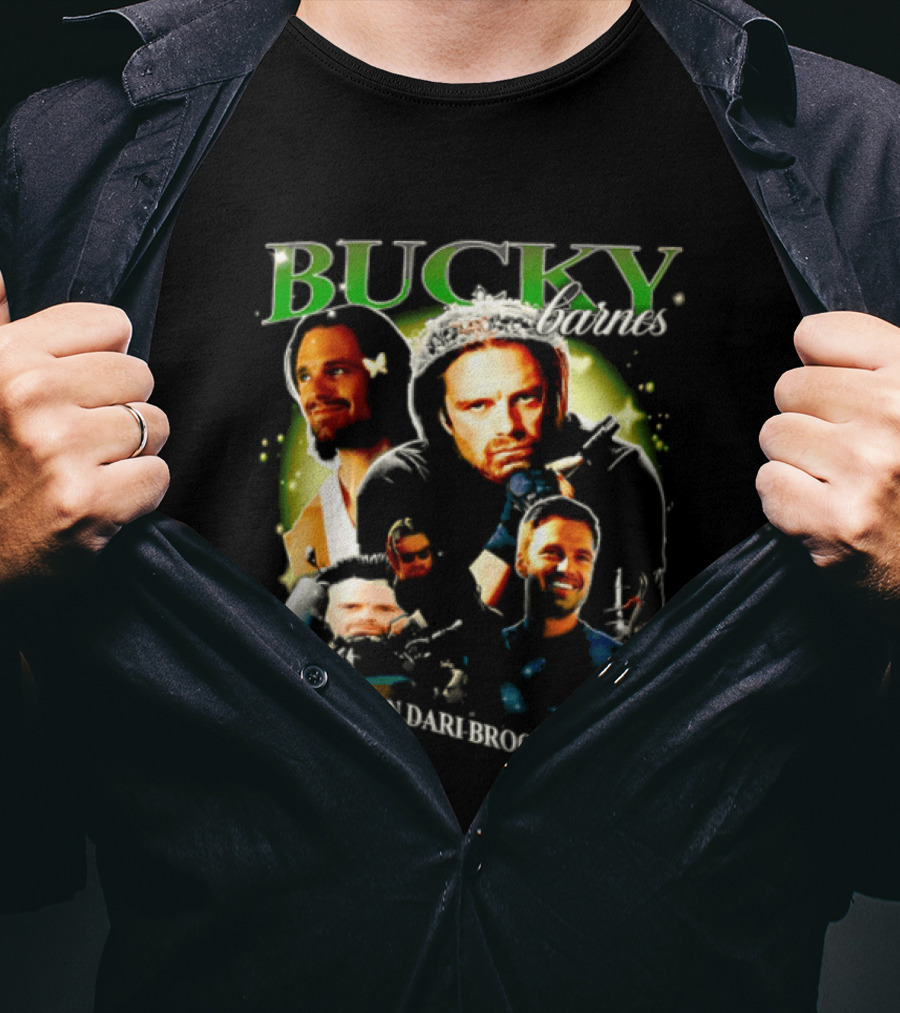 Bucky Barnes Sebastian Stan Pria Mapan Dari Brooklyn Raya Multiple Photos Crown Marvel T-Shirt