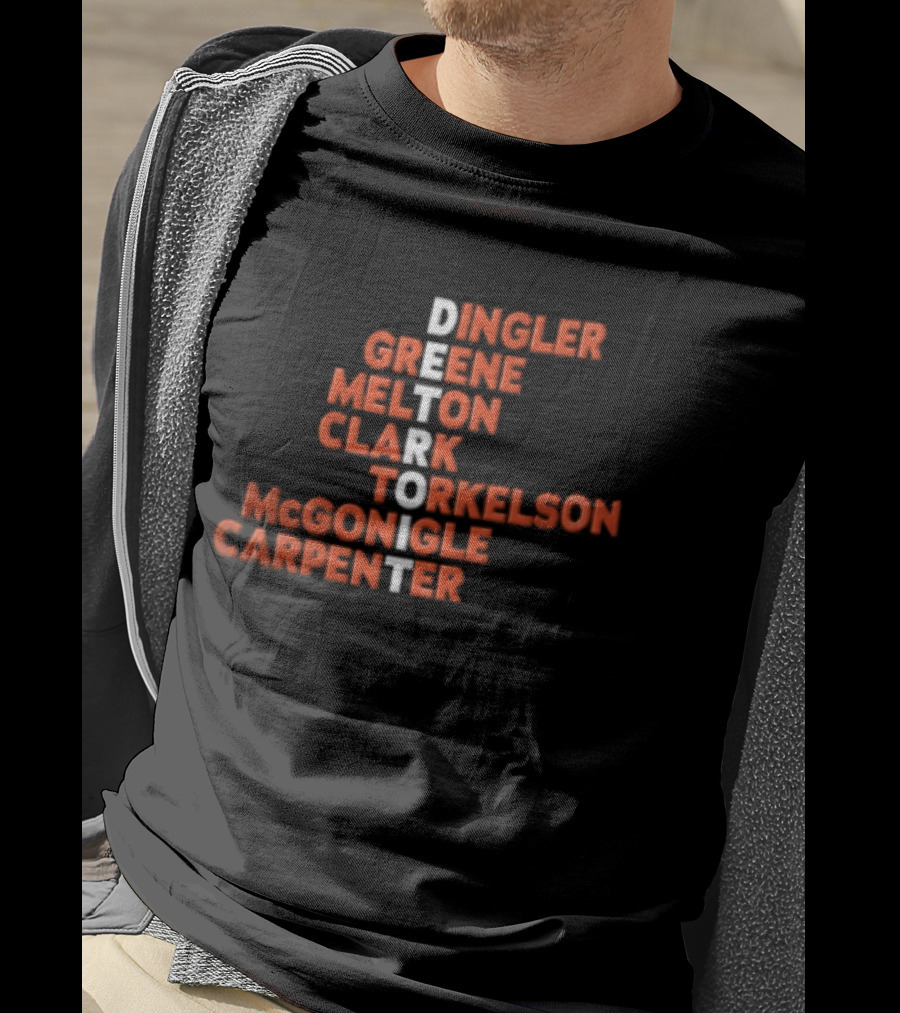 Detroit Tigers Dingler Greene Melton Clark Spencer Torkelson Mcgonigle Carpenter Names Vertical Arrangement T-Shirt