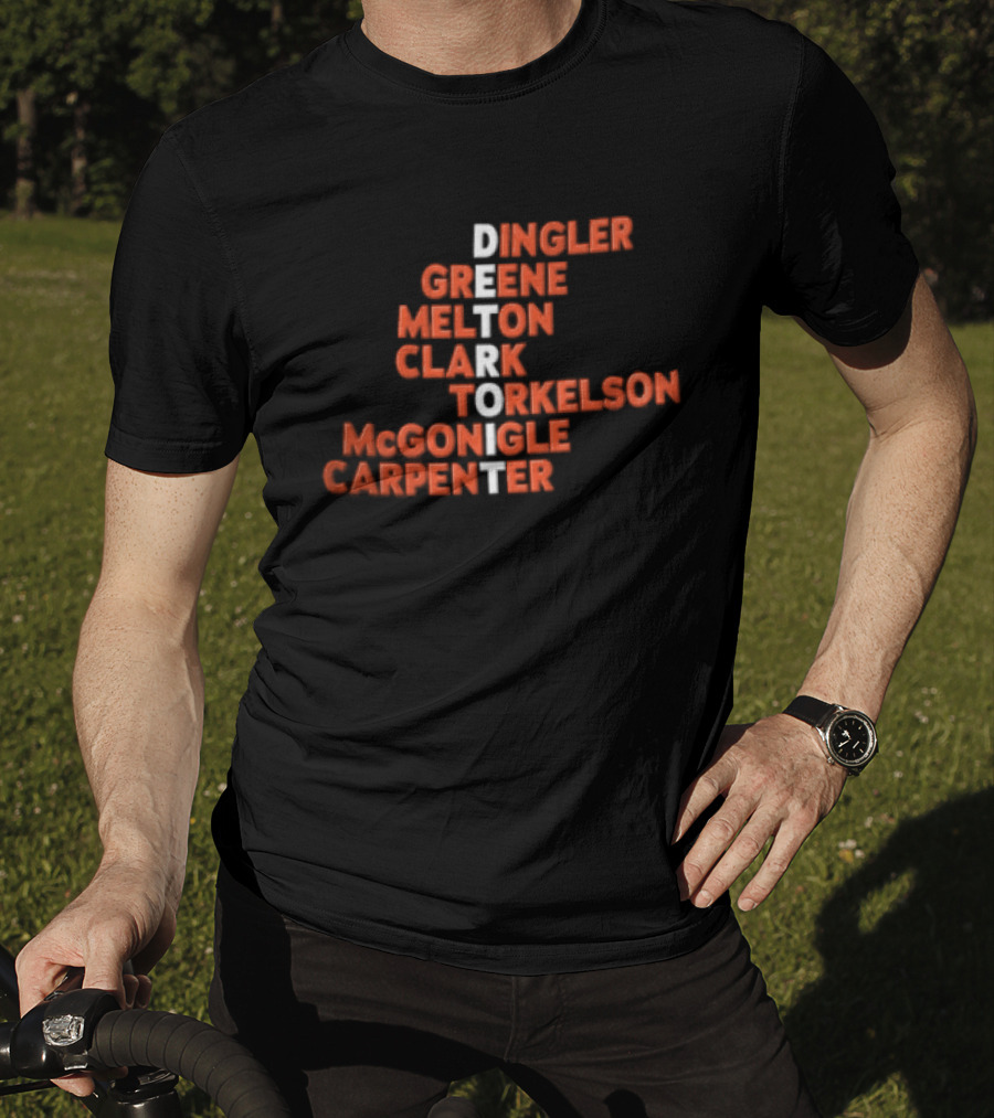 Detroit Tigers Dingler Greene Melton Clark Spencer Torkelson Mcgonigle Carpenter Names Vertical Arrangement T-Shirt