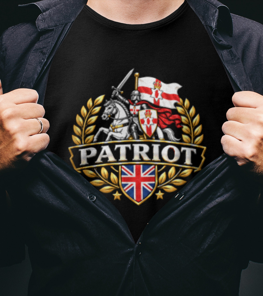 Patriot Knight Riding With Northern Ireland Flag And Union Jack Crest T-Shirt